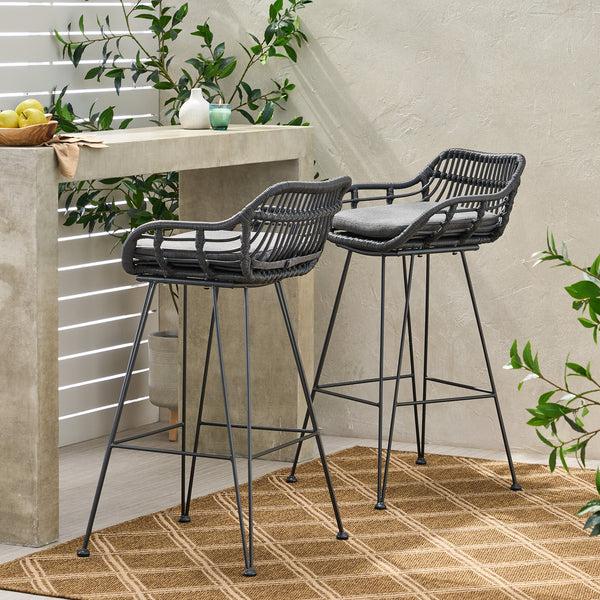 Gdf Studio Lisa Outdoor Wicker Barstools With Cushions (Set Of 2)