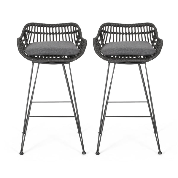 gdf studio Lisa Outdoor Wicker Barstools with Cushions (Set of 2)
