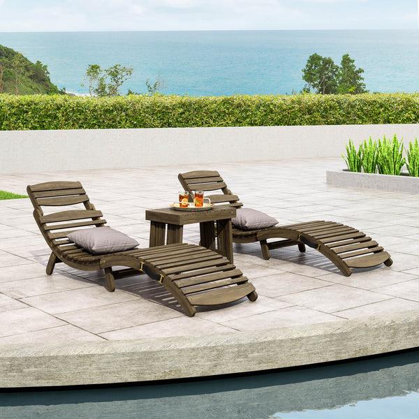 Gdf Studio Lisbon Outdoor Acacia Wood 3 Piece Chaise Lounge Set