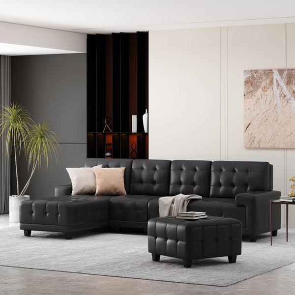 Gdf Studio Littell Contemporary Faux Leather Tufted 4 Seater Sofa And Chaise Lounge Sectional Set With Ottoman