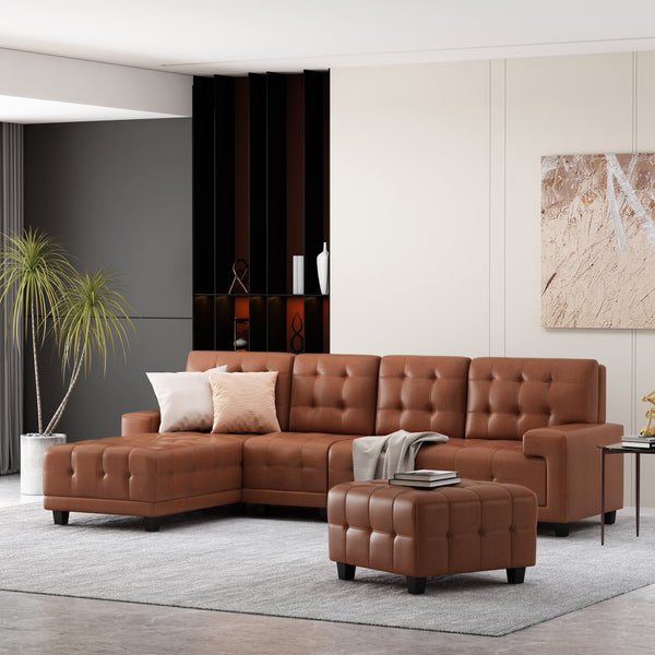 gdf studio Littell Contemporary Faux Leather Tufted 4 Seater Sofa and Chaise Lounge Sectional Set with Ottoman