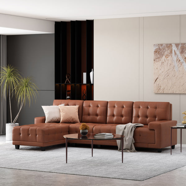 gdf studio Littell Contemporary Faux Leather Tufted 4 Seater Sofa and Chaise Lounge Sectional Set