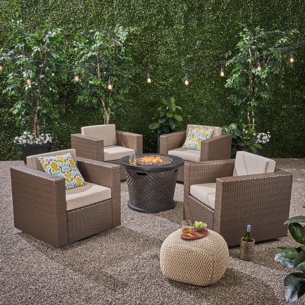 Gdf Studio Liyam Outdoor 4 Piece Wicker Swivel Chair Set With Fire Pit Brown And Brown