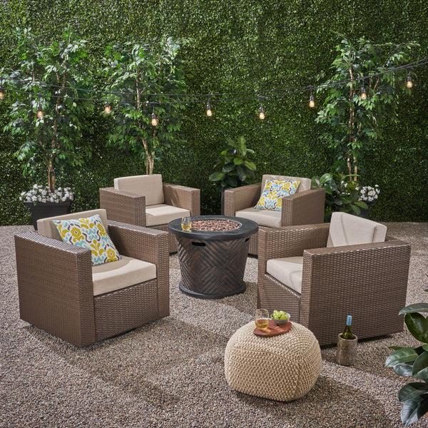 Gdf Studio Liyam Outdoor 4 Piece Wicker Swivel Chair Set With Fire Pit Brown And Brown