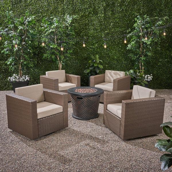 Gdf Studio Liyam Outdoor 4 Piece Wicker Swivel Chair Set With Fire Pit Brown And Brown