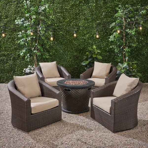 Gdf Studio Liyam Outdoor 4 Piece Wicker Swivel Chair Set With Fire Pit Multi Brown And Brown