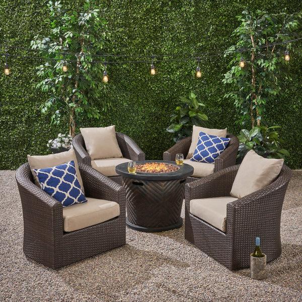 Gdf Studio Liyam Outdoor 4 Piece Wicker Swivel Chair Set With Fire Pit Multi Brown And Brown
