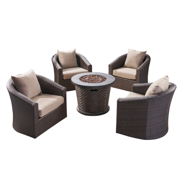 gdf studio Liyam Outdoor 4 Piece Wicker Swivel Chair Set with Fire Pit Multi Brown and Brown
