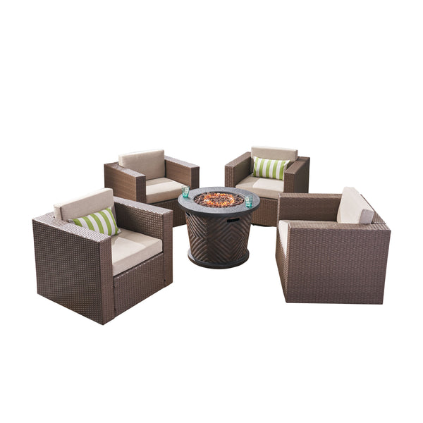 gdf studio Liyam Outdoor 4 Piece Wicker Swivel Chair Set with Fire Pit Brown and Brown