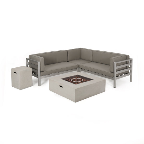 Gdf Studio Lompoc Aire Outdoor Modern 5 Seater V-Shaped Sectional Sofa Set With Fire Pit And Tank Holder