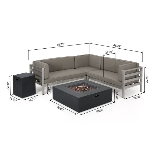 Gdf Studio Lompoc Aire Outdoor Modern 5 Seater V-Shaped Sectional Sofa Set With Fire Pit And Tank Holder