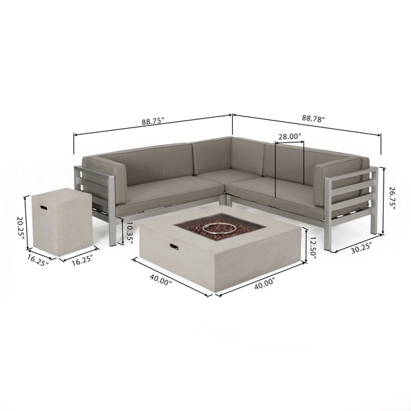 Gdf Studio Lompoc Aire Outdoor Modern 5 Seater V-Shaped Sectional Sofa Set With Fire Pit And Tank Holder