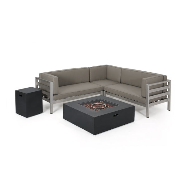 gdf studio Lompoc Aire Outdoor Modern 5 Seater V-Shaped Sectional Sofa Set with Fire Pit and Tank Holder
