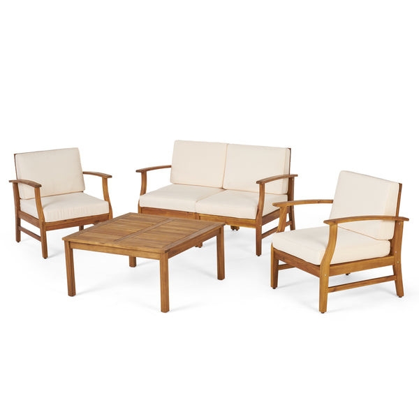 Gdf Studio Lorelei Outdoor 4 Seat Teak Finished Acacia Wood Chat Set With Water Resistant Cushions