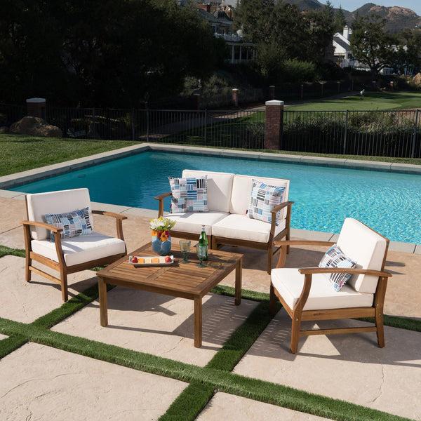 Gdf Studio Lorelei Outdoor 4 Seat Teak Finished Acacia Wood Chat Set With Water Resistant Cushions