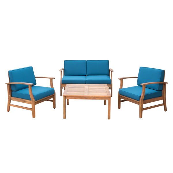 gdf studio Lorelei Outdoor 4 Seat Teak Finished Acacia Wood Chat Set with Water Resistant Cushions