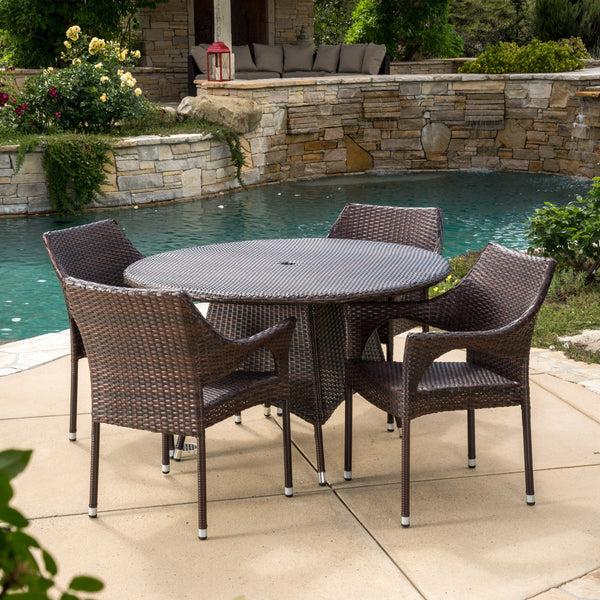Gdf Studio Lorelei Outdoor 5-Piece Multi-Brown Wicker Round Dining Set With Umbrella Hole