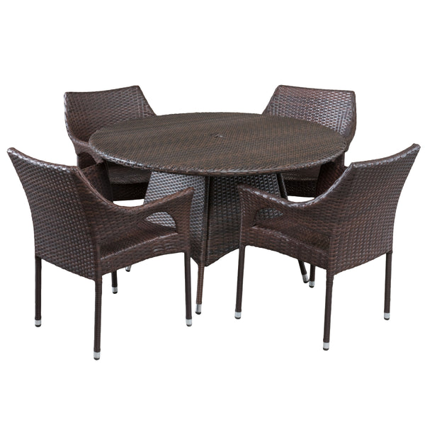 gdf studio Lorelei Outdoor 5-Piece Multi-Brown Wicker Round Dining Set with Umbrella Hole