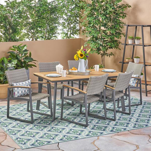Gdf Studio Loren Outdoor 7 Piece Aluminum Dining Set With Wicker Chairs