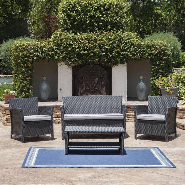 Gdf Studio Lorien Outdoor 4 Piece Wicker Chat Set W/ Water Resistant Cushions