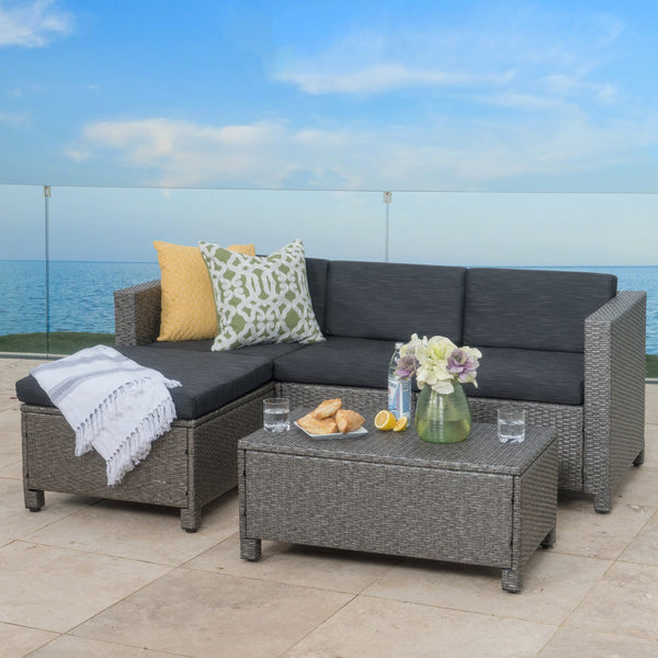 Gdf Studio Lorita Outdoor 5-piece Dark Gray Wicker Sectional Sofa Set With Black Cushions