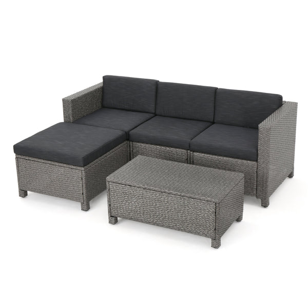 gdf studio Lorita Outdoor 5-piece Dark Gray Wicker Sectional Sofa Set with Black Cushions