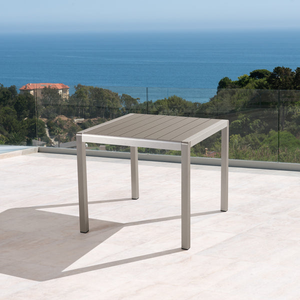 Gdf Studio Louie Coral Outdoor Dining Table - Anodized Aluminum - Faux Wood Table Top - Square - Silver And Gray - 35-inch