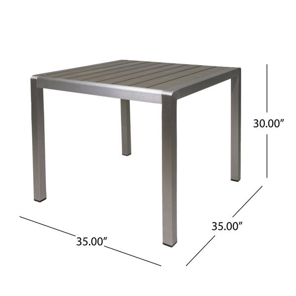 Gdf Studio Louie Coral Outdoor Dining Table - Anodized Aluminum - Faux Wood Table Top - Square - Silver And Gray - 35-inch