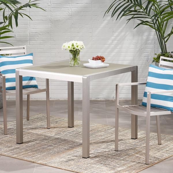 Gdf Studio Louie Coral Outdoor Dining Table - Anodized Aluminum - Tempered Glass Table Top - Square - Silver And Gray - 35-inch