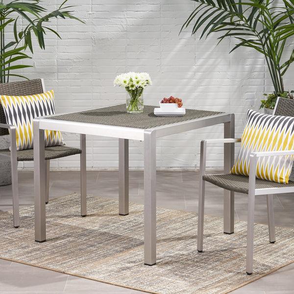Gdf Studio Louie Coral Outdoor Dining Table - Anodized Aluminum - Wicker Table Top - Square - Silver And Gray - 35-inch