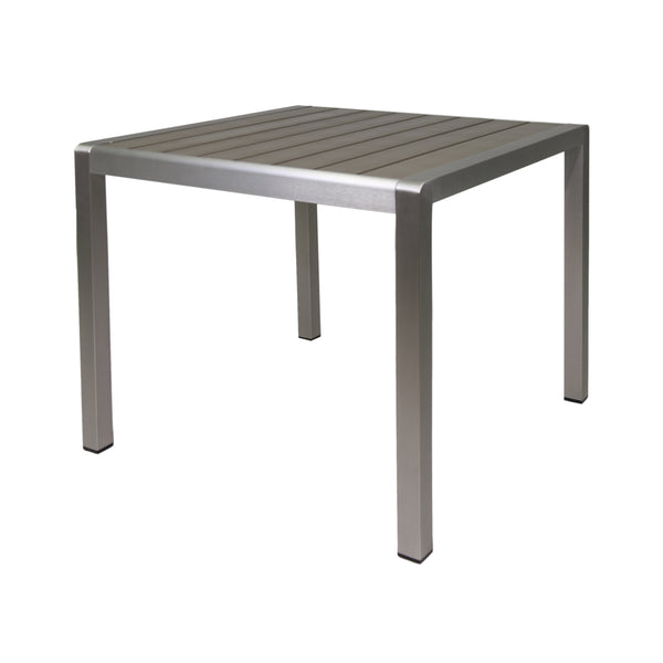 gdf studio Louie Coral Outdoor Dining Table - Anodized Aluminum - Faux Wood Table Top - Square - Silver and Gray - 35-inch