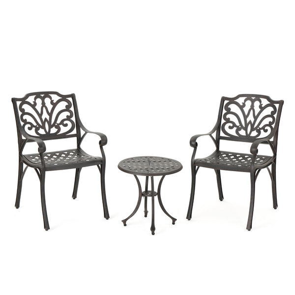 gdf studio Louis Outdoor 3 Piece Bronze Finished Cast Aluminum Chat Set