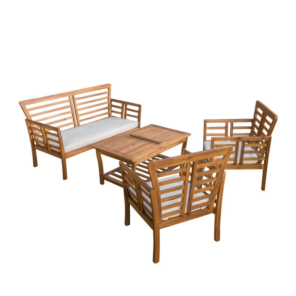 Gdf Studio Louis Outdoor 4-piece Solid Wood Chat Set With Cushions