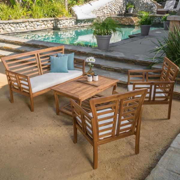 gdf studio Louis Outdoor 4-piece Solid Wood Chat Set with Cushions
