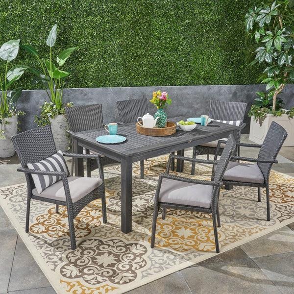 Gdf Studio Louis Outdoor 7 Piece Wood And Wicker Expandable Dining Set
