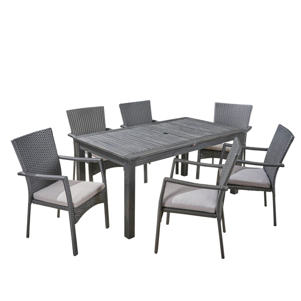 gdf studio Louis Outdoor 7 Piece Wood and Wicker Expandable Dining Set