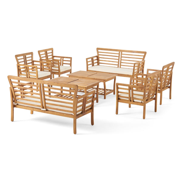 Gdf Studio Louis Outdoor Modern Acacia Wood 8 Seater Chat Set With Cushions