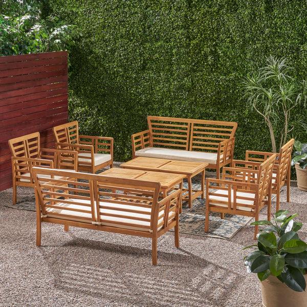 Gdf Studio Louis Outdoor Modern Acacia Wood 8 Seater Chat Set With Cushions