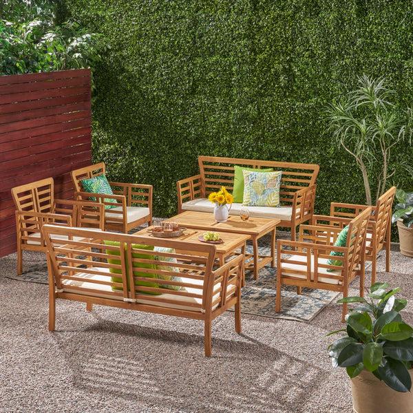 gdf studio Louis Outdoor Modern Acacia Wood 8 Seater Chat Set with Cushions