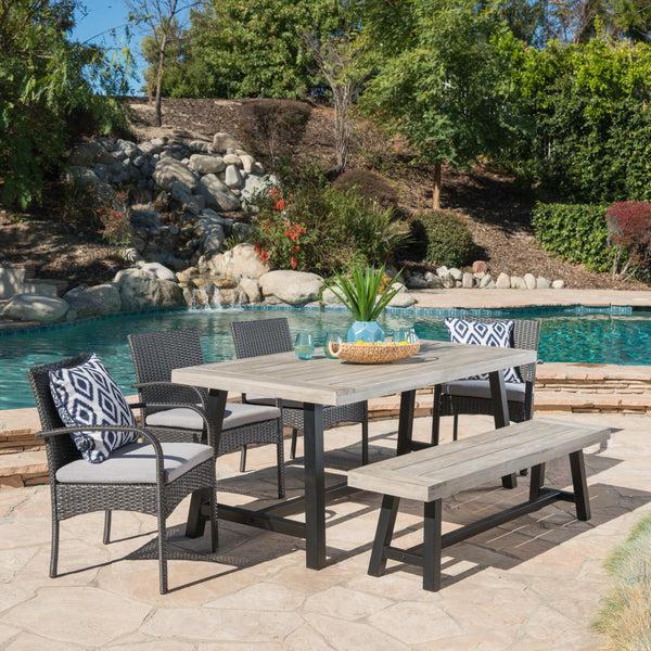 Gdf Studio Louise Outdoor 6 Piece Wicker & Acacia Wood Dining Set