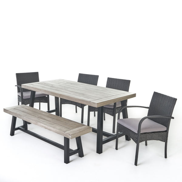 gdf studio Louise Outdoor 6 Piece Wicker & Acacia Wood Dining Set