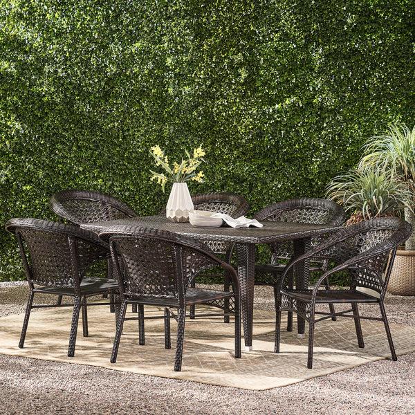 Gdf Studio Louisiana Outdoor 7-Piece Brown Wicker Dining Set With Stackable Chairs