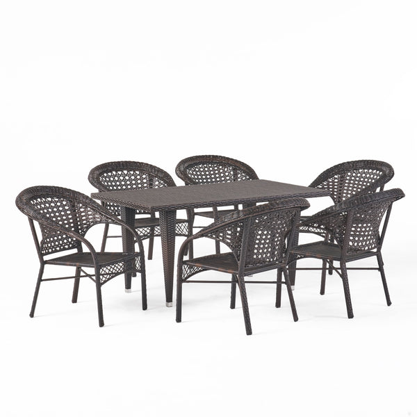 gdf studio Louisiana Outdoor 7-Piece Brown Wicker Dining Set with Stackable Chairs