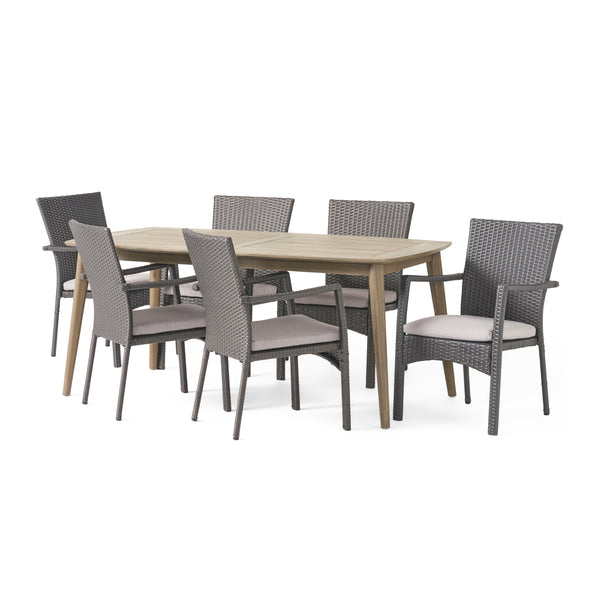 Gdf Studio Lowell Outdoor 7 Piece Wood And Wicker Dining Set Gray And Gray