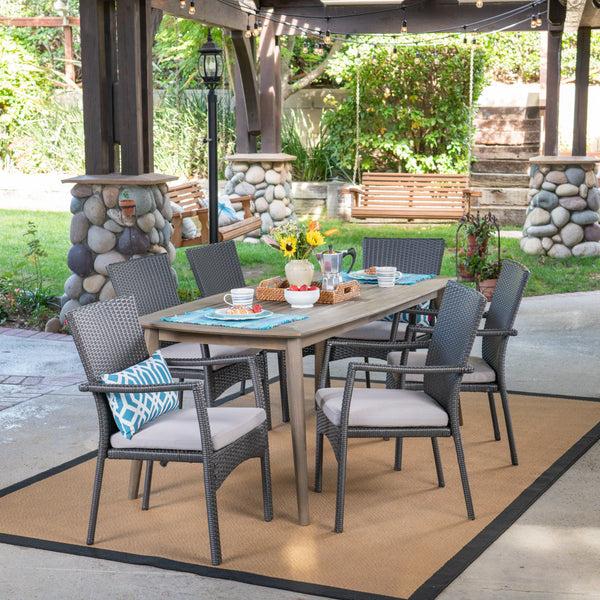 gdf studio Lowell Outdoor 7 Piece Wood and Wicker Dining Set Gray and Gray
