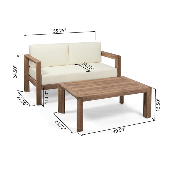 Gdf Studio Lucia Outdoor 2 Seater Wooden Loveseat And Coffee Table Chat Set With Cushions Beige And Brown Finish