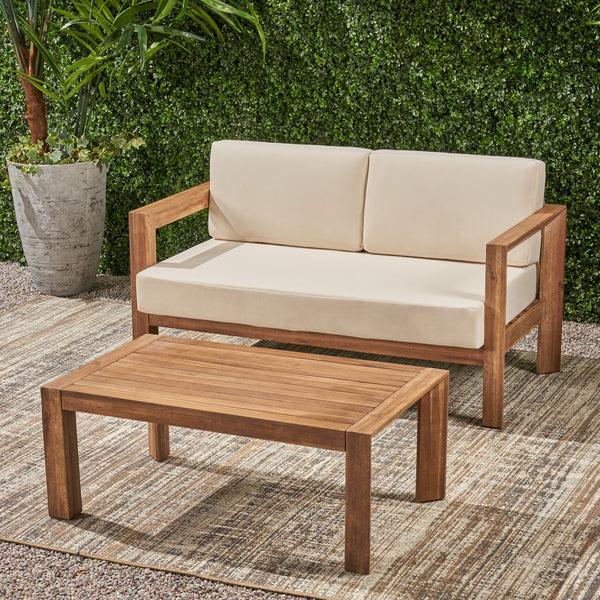 Gdf Studio Lucia Outdoor 2 Seater Wooden Loveseat And Coffee Table Chat Set With Cushions Beige And Brown Finish