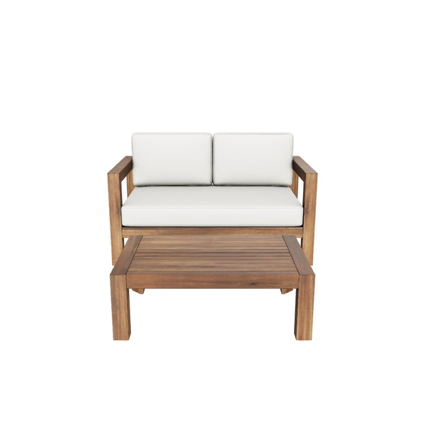Gdf Studio Lucia Outdoor 2 Seater Wooden Loveseat And Coffee Table Chat Set With Cushions Beige And Brown Finish