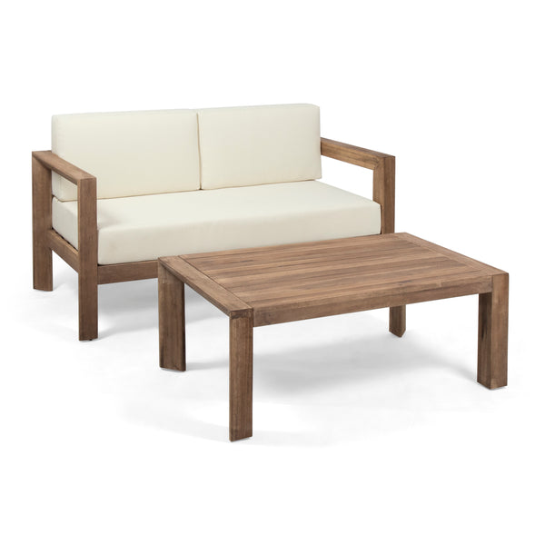 gdf studio Lucia Outdoor 2 Seater Wooden Loveseat and Coffee Table Chat Set with Cushions Beige and Brown Finish
