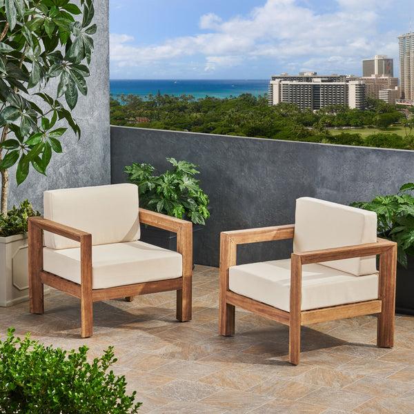 Gdf Studio Lucia Outdoor Wooden Club Chairs With Cushions (Set Of 2) Beige And Brown Finish
